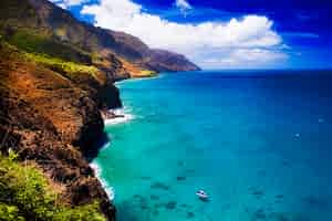 Na Pali Coastline taken from above with zodiac boat tour below.